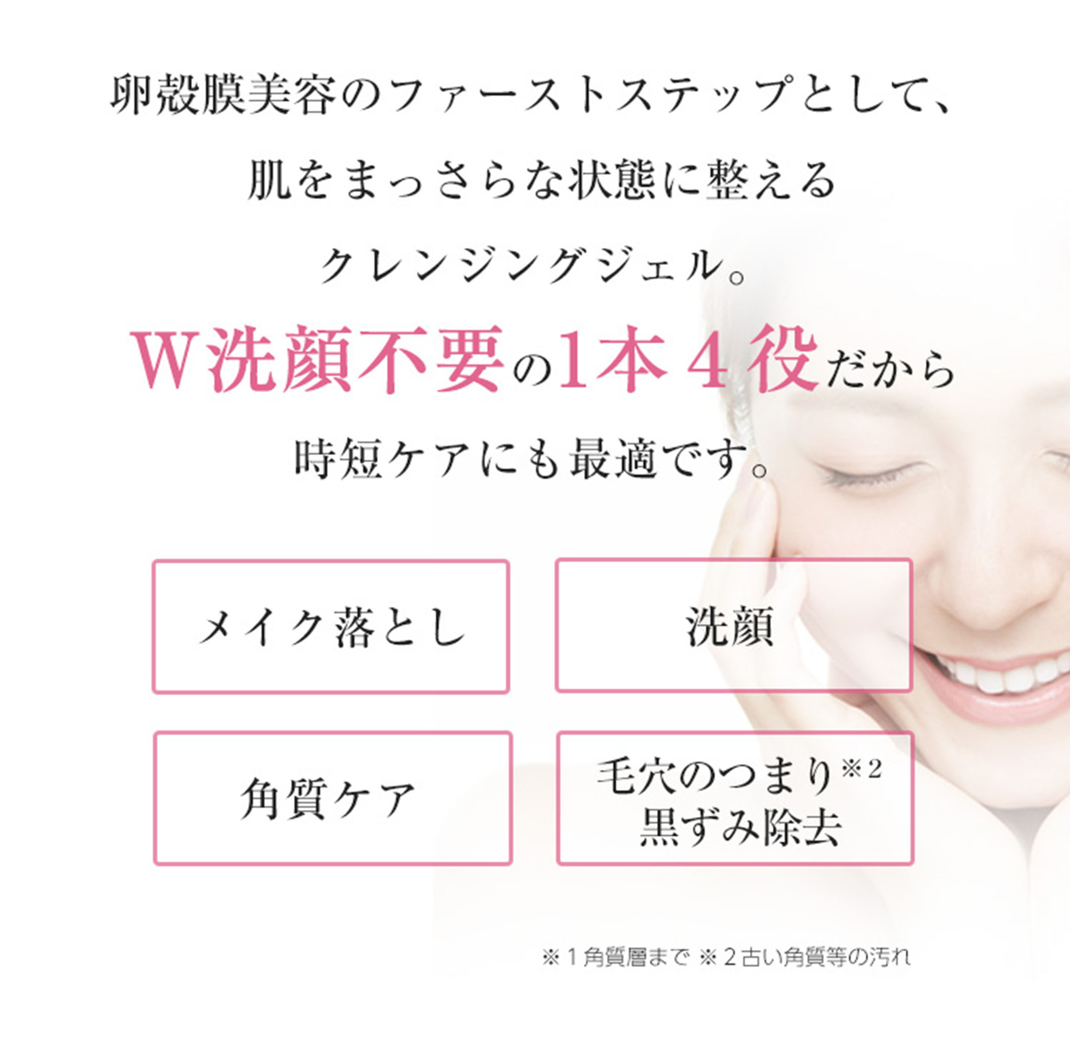 卵殻膜美容のファーストステップとして、肌をまっさらな状態に整えるクレンジングジェル。W洗顔不要の1本4役だから時短ケアにも最適です。