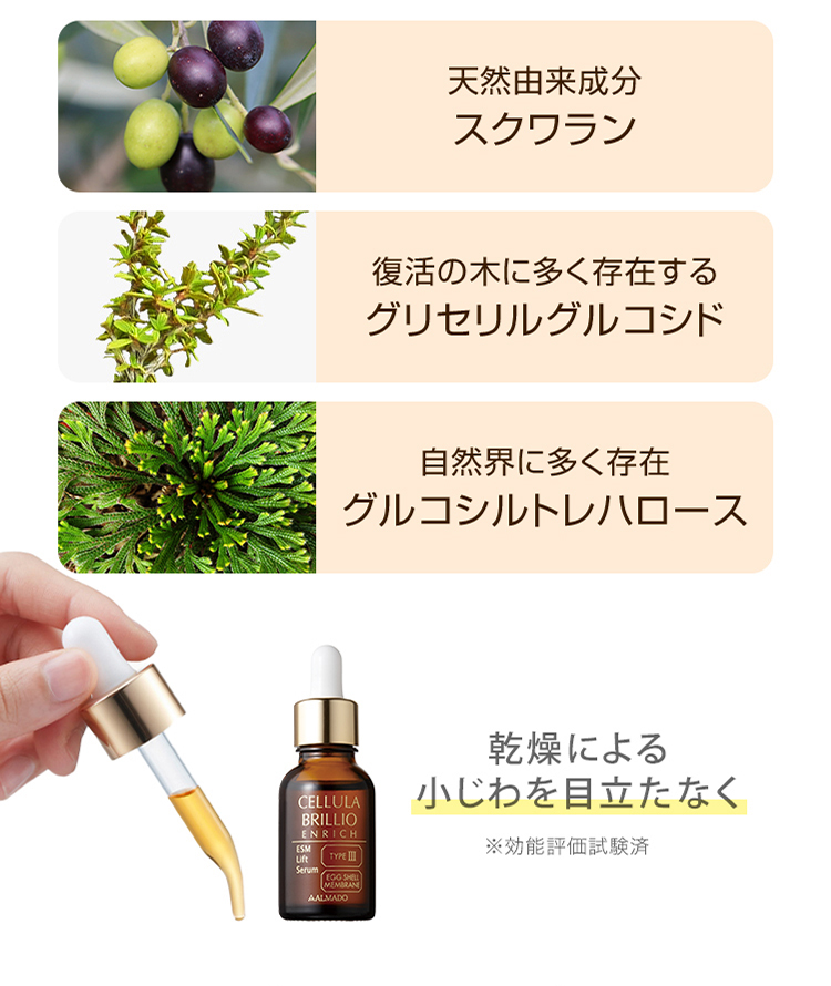 隅々まで潤う肌へ導くトリプルER成分（保湿）乾燥による小じわを防ぐ効能評価試験済み