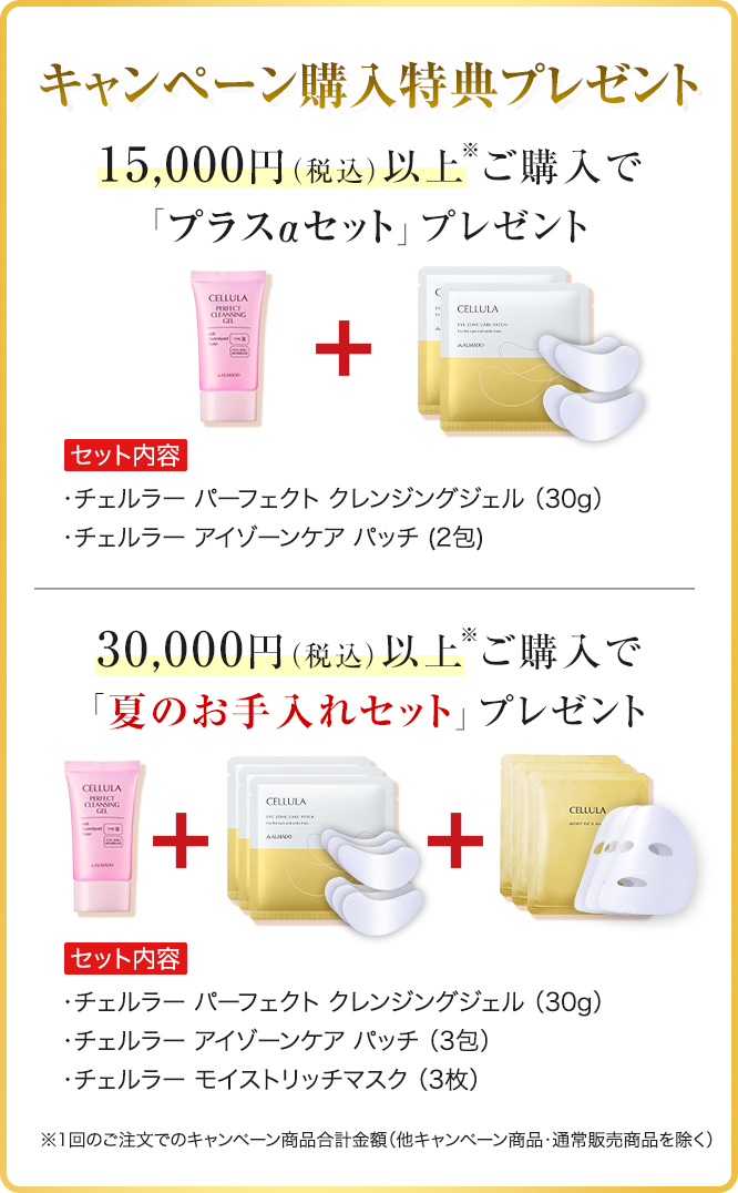キャンペーン購入特典プレゼント 15,000円（税込）以上※ご購入で「プラスαセット」プレゼント　セット内容　チェルラーパーフェクトクレンジングジェル30g　チェルラー アイゾーンケア パッチ 2包　30,000円（税込）以上※ご購入で「冬のお手入れセット」プレゼント　セット内容　チェルラーパーフェクトクレンジングジェル30g　チェルラー チェルラー アイゾーンケア パッチ 3包　チェルラー モイストリッチマスク 3枚　※1回のご注文でのキャンペーン商品合計金額 他キャンペーン商品・通常販売商品を除く