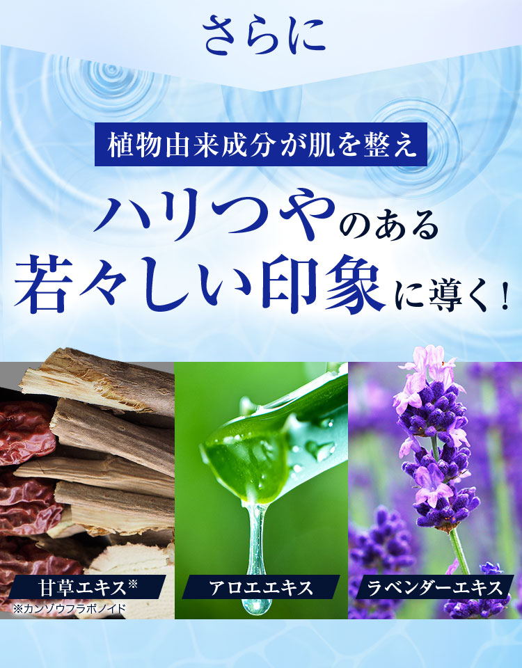 さらに植物由来成分が肌を整えハリつやのある若々しい印象へ