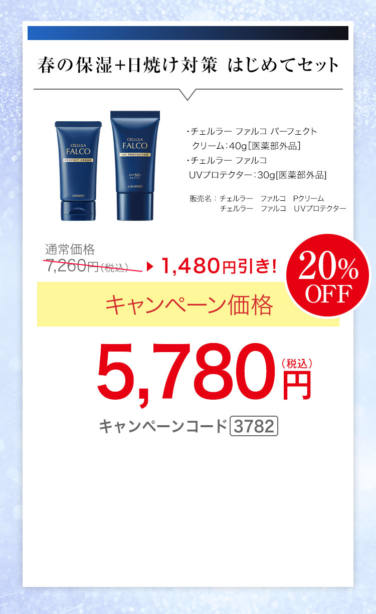 チェルラー ファルコ パーフェクトクリーム 40g　チェルラー ファルコ UVプロテクター 30g　キャンペーン価格20％OFF 5,780円（税込） キャンペーンコード3782