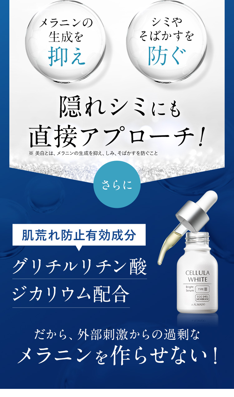 隠れシミにも直接アプローチ！　さらにグリチルリチン酸ジカリウム配合　だから外部刺激からの過剰なメラニンを作らせない！