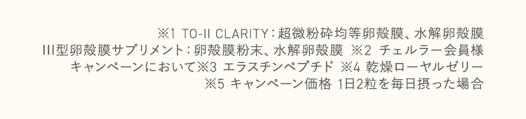 ※1 TO-II CLARITY：超微粉砕均等卵殻膜、水解卵殻膜 III型卵殻膜サプリメント：卵殻膜粉末、水解卵殻膜 ※2 チェルラー会員様キャンペーンにおいて ※3 エラスチンペプチド ※4 乾燥ローヤルゼリー ※5 キャンペーン価格 1日2粒を毎日摂った場合