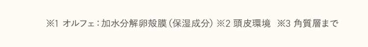 ※1 オルフェ：加水分解卵殻膜（保湿成分）※2 頭皮環境 ※3 角質層まで  