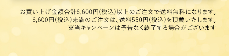 お買い上げ金額合計6,600円(税込)以上のご注文で送料無料になります。 6,600円(税込)未満のご注文は、送料550円(税込)を頂戴いたします。 ※当キャンペーンは予告なく終了する場合がございます