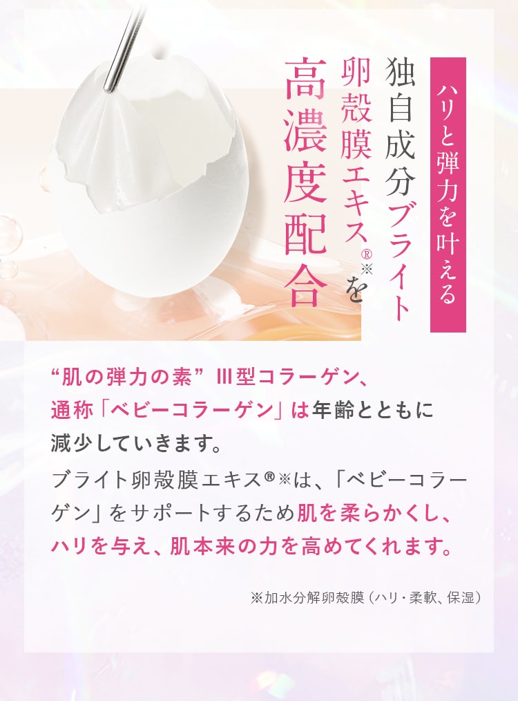 ハリと弾力を叶える!独自成分ブライト卵殻膜エキス®※を高濃度配合
