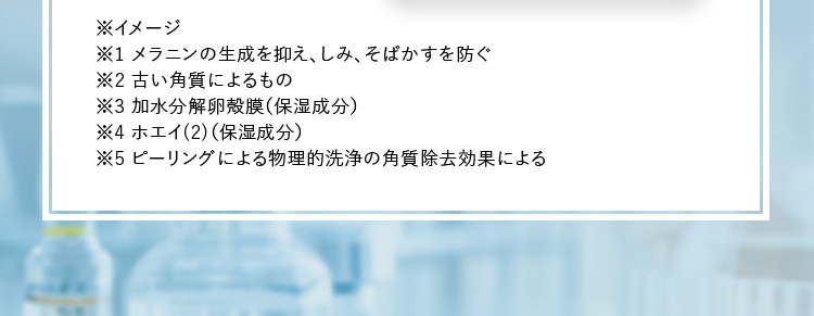 ※イメージ※1 メラニンの生成を抑え、しみ、そばかすを防ぐ※2 古い角質によるもの※3 加水分解卵殻膜（保湿成分）※4 ホエイ(2)（保湿成分）※5 ピーリングによる物理的洗浄の角質除去効果による