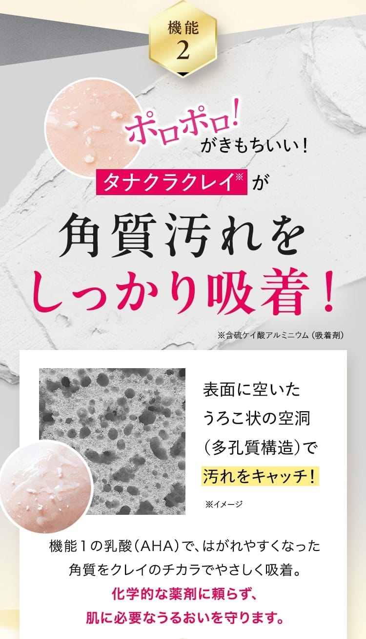 機能2：タナクラクレイが角質汚れをしっかり吸着！ 表面に空いたうろこ状の空洞（多孔質構造）で汚れをキャッチ。