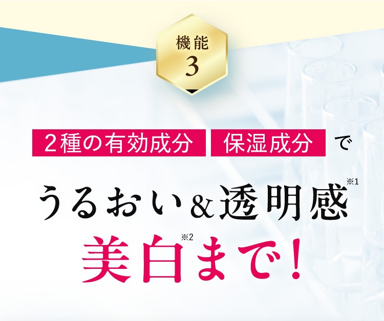 機能3：２種の有効成分・保湿成分でうるおい＆透明感美白まで！
