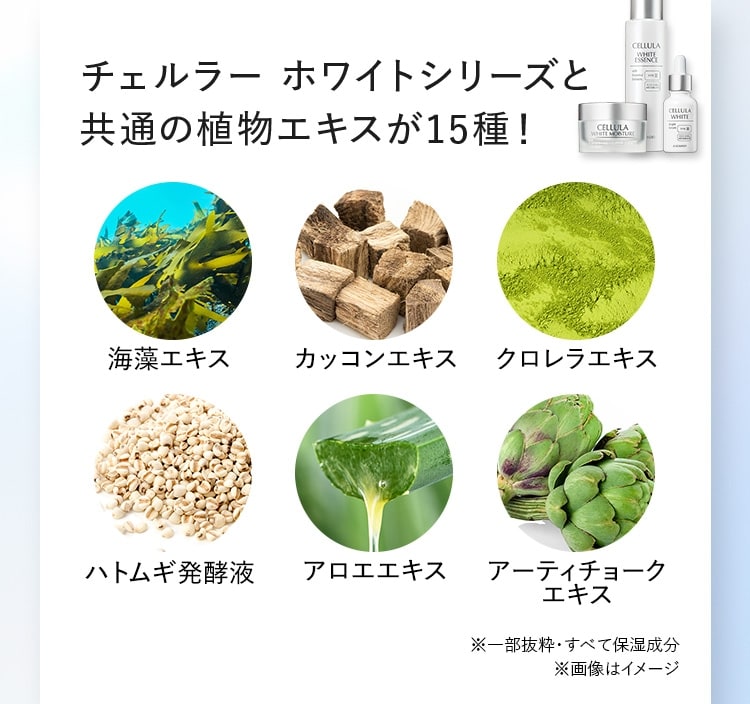 チェルラー ホワイトシリーズと共通の植物エキスが15種！