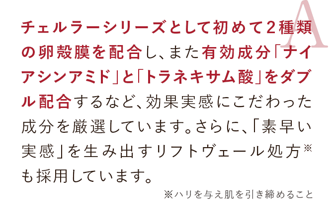 チェルラーシリーズとして初めて２種類の卵殻膜を配合し、また有効成分「ナイアシンアミド」と「トラネキサム酸」をダブル配合するなど、効果実感にこだわった成分を厳選しています。さらに、「素早い実感」を生み出すリフトヴェール処方※も採用しています。