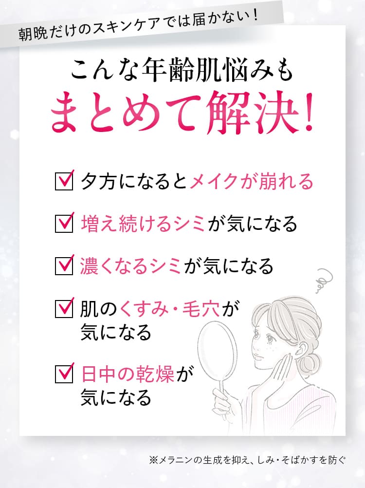 朝晩だけのスキンケアでは届かない！こんな年齢肌悩みもまとめて解決！夕方になるとメイクが崩れる!増え続けるシミが気になる!濃くなるシミが気になる!肌のくすみ・毛穴が気になる!日中の乾燥が気になる