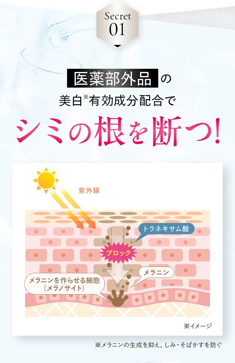 Secret01 医薬部外品の美白※有効成分配合でシミの根を断つ！