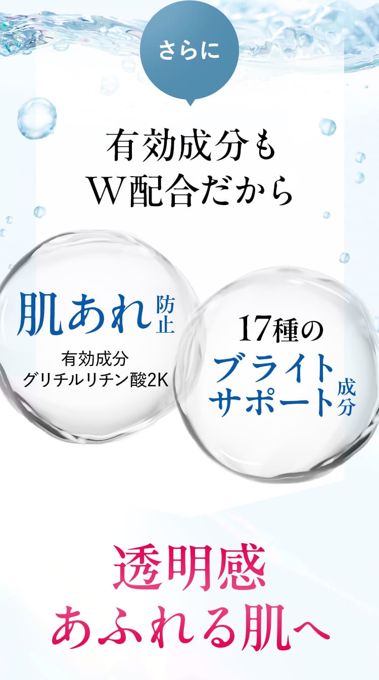 さらに有効成分もW配合だから肌あれ防止。17種のブライトサポート成分。透明感あふれる肌へ