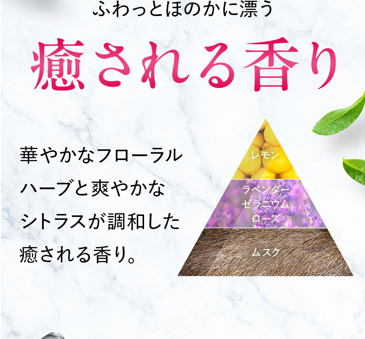 ふわっとほのかに漂う癒される香り 華やかなフローラル ハーブと爽やかな シトラスが調和した 癒される香り。