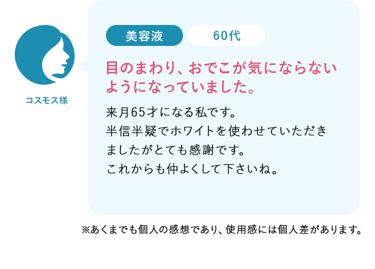 コスモス様60代:目のまわり、おでこが気にならない ようになっていました。来月65才になる私です。 半信半疑でホワイトを使わせていただき ましたがとても感謝です。 これからも仲よくして下さいね。
