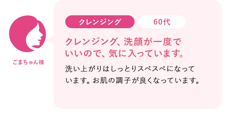 ごまちゃん様60代:クレンジング、洗顔が一度で いいので、気に入っています。洗い上がりはしっとりスベスベになっています。お肌の調子が良くなっています。