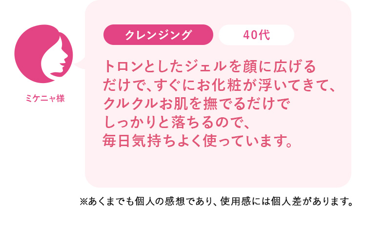 ミケニャ様40代:トロンとしたジェルを顔に広げるだけで、すぐにお化粧が浮いてきて、クルクルお肌を撫でるだけでしっかりと落ちるので、毎日気持ちよく使っています。
