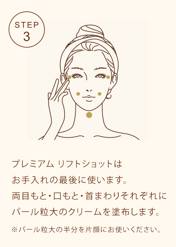 STEP3 プレミアム リフトショットはお手入れの最後に使います。両目もと・口もと・首まわりそれぞれにパール大のクリームを塗布します。※パール粒大の半分を片顔にお使いください。
