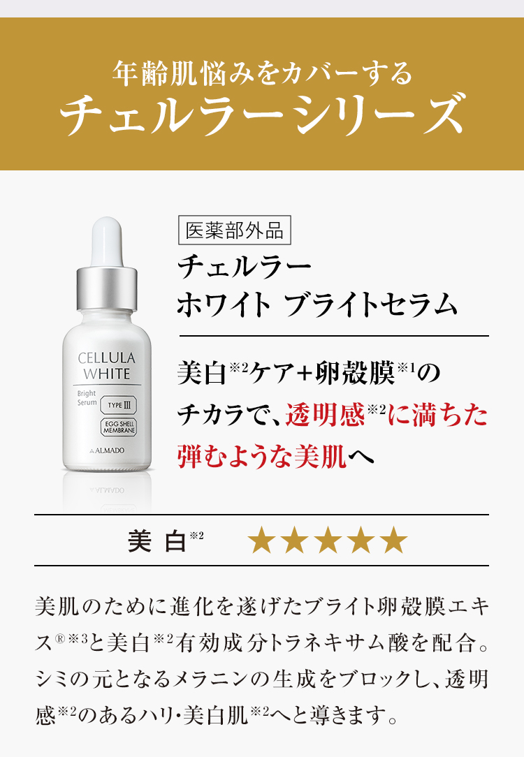 年齢肌悩みをカバーするチェルラーシリーズ　NEW　チェルラーホワイトブライトセラム