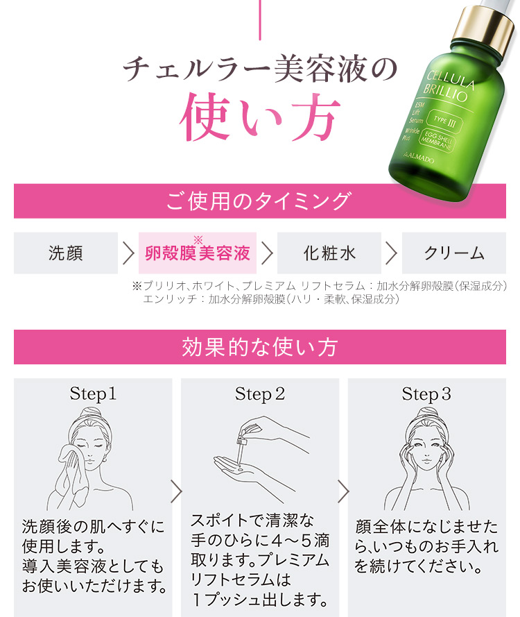 チェルラー美容液の使い方 1.洗顔後の肌へすぐに使用します 2.スポイトで清潔な手のひらに4～5滴（リフトセラムは1プッシュ）出します。 3.顔全体になじませたら、いつものお手入れを続けてください。
