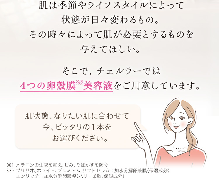 チェルラーでは4つの卵殻膜※2美容液をご用意しています。肌状態、なりたい肌に合わせて、今、ピッタリの1本をお選びください。