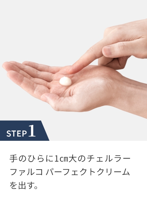 STEP 1 手のひらに1㎝大のチェルラーファルコパーフェクトクリームを出す。