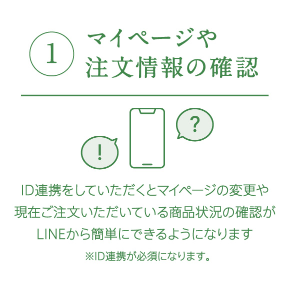 ①マイページや注文情報の確認　ID連携をしていただくとマイページの変更や現在ご注⽂いただいている商品状況の確認がLINEから簡単にできるようになります　※ID連携が必須になります