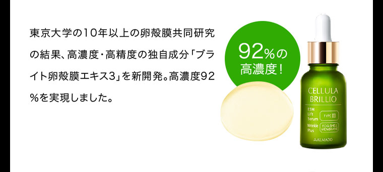 東京大学の10年以上の卵殻膜研究の結果、高濃度・高精度の独自成分「ブライト卵殻膜エキス2～Amino Plus～」を新開発。
