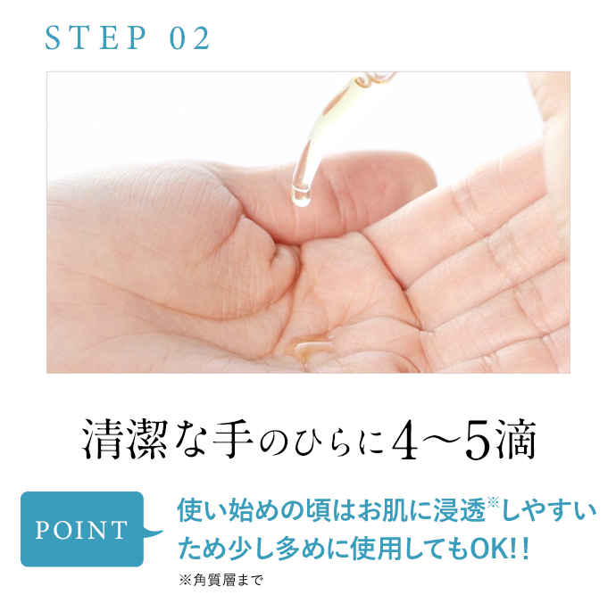 STEP02 清潔な手のひらに4から5滴 POINT 使い始めの頃はお肌に浸透※しやすいため少し多めに使用してもOK！！ ※角質層まで