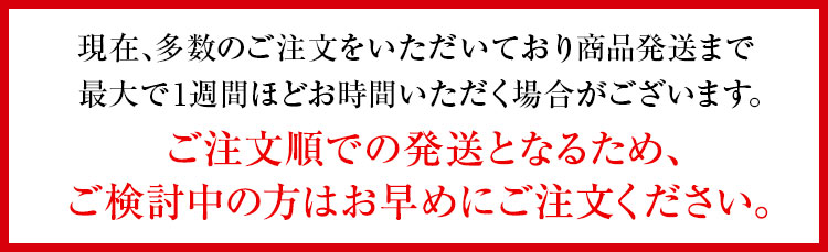 現在、多数のご注文をいただいており商品発送まで最大で１週間ほどお時間いただく場合がございます。ご注文順での発送となるため、ご検討中の方はお早めにご注文ください。