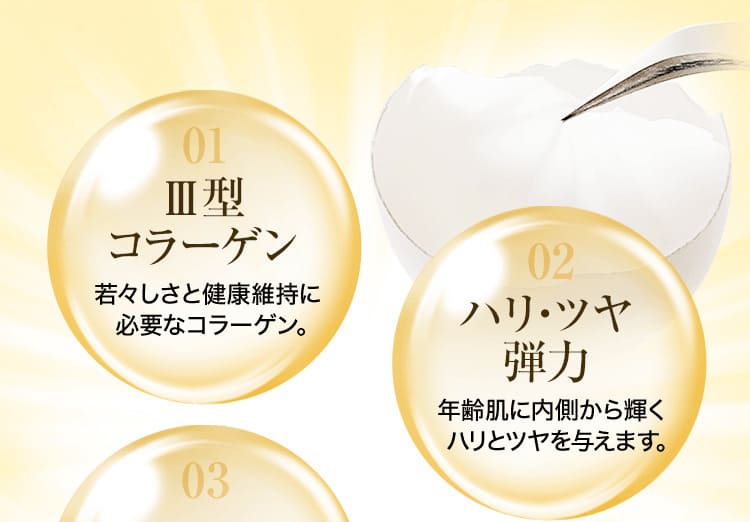 01 Ⅲ型コラーゲン：若々しさと健康維持に必要なコラーゲン。・02 ハリ・ツヤ弾力：年齢肌に内側から輝くハリとツヤを与えます。