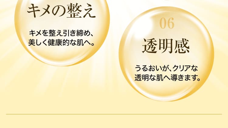 05 キメの整え：キメを整え引き締め、美しく健康的な肌へ。・06 透明感：うるおいが、クリアな透明な肌へ導きます。