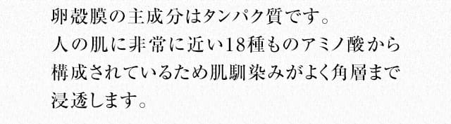 卵殻膜の主成分はタンパク質です。人の肌に非常に近い18種ものアミノ酸から構成されているため肌馴染みがよく角層まで浸透します。