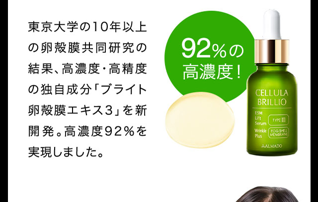 東京大学の10年以上の卵殻膜研究の結果、高濃度・高精度の独自成分「ブライト卵殻膜エキス2～Amino Plus～」を新開発。