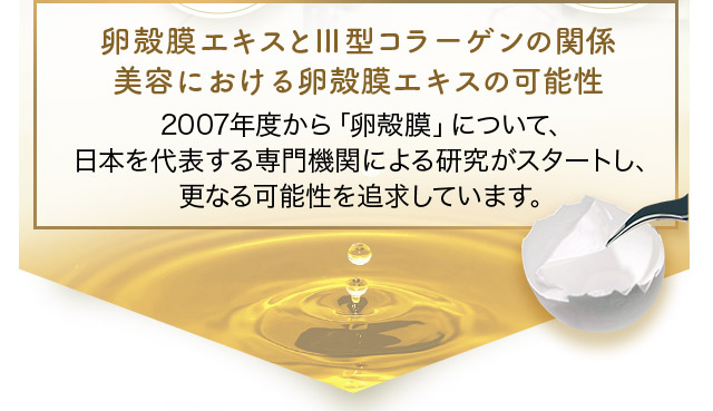 卵殻膜エキスとⅢ型コラーゲンの関係 美容における卵殻膜エキスの可能性 アルマードでは、2007年度から「卵殻膜」について、日本を代表する専門機関による研究がスタートし、更なる可能性を追求しています。