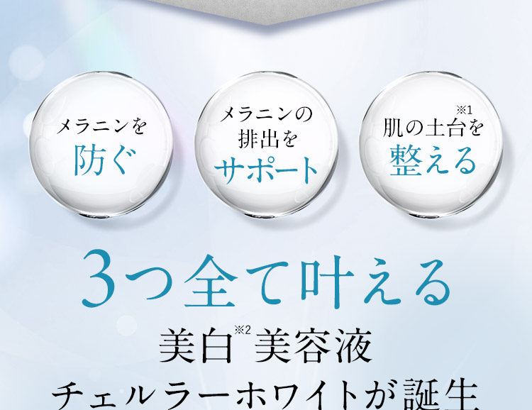 メラニンを防ぐ メラニンの排出をサポート 肌の土台※1 を整える 3つ全て叶える 美白※2 美容液 チェルラーホワイトが誕生