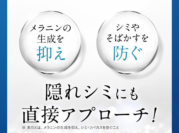 メラニンの生成を抑え シミやそばかすを防ぐ 隠れシミにも直接アプローチ！ ※ 美白とは、メラニンの生成を抑え、シミ・ソバカスを防ぐこと