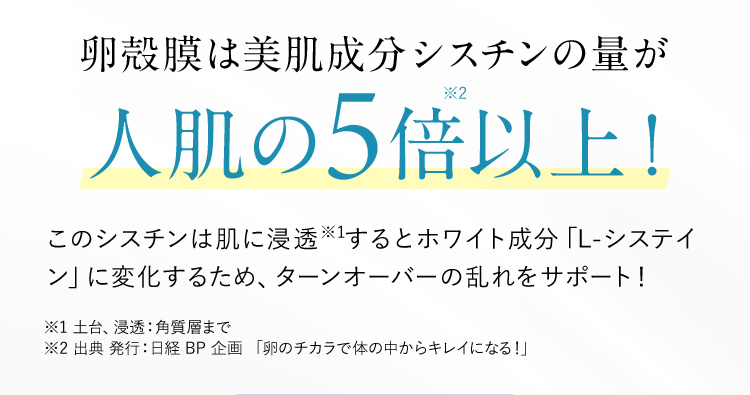 卵殻膜は美肌成分シスチンの量が 人肌の5倍※2 以上！ このシスチンは肌に浸透※1 するとホワイト成分「L-システイン」に変化するため、ターンオーバーの乱れをサポート！ ※1 土台、浸透※1 ：角質層まで ※2 出典 発行：日経BP企画「卵のチカラで体の中からキレイになる！」