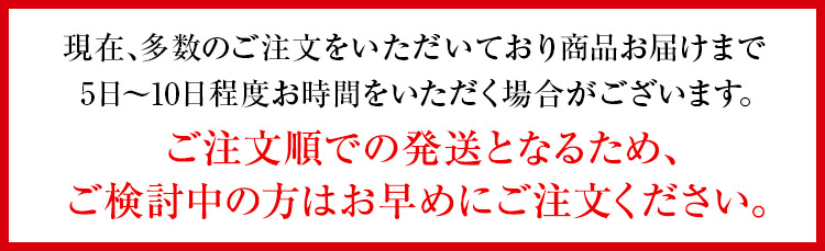 現在、多数のご注文をいただいており商品発送まで最大で１週間ほどお時間いただく場合がございます。ご注文順での発送となるため、ご検討中の方はお早めにご注文ください。