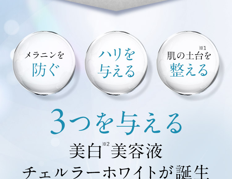 メラニンを防ぐ ハリを与える 肌の土台※1 を整える 3つを与える 美白※2 美容液 チェルラーホワイトが誕生