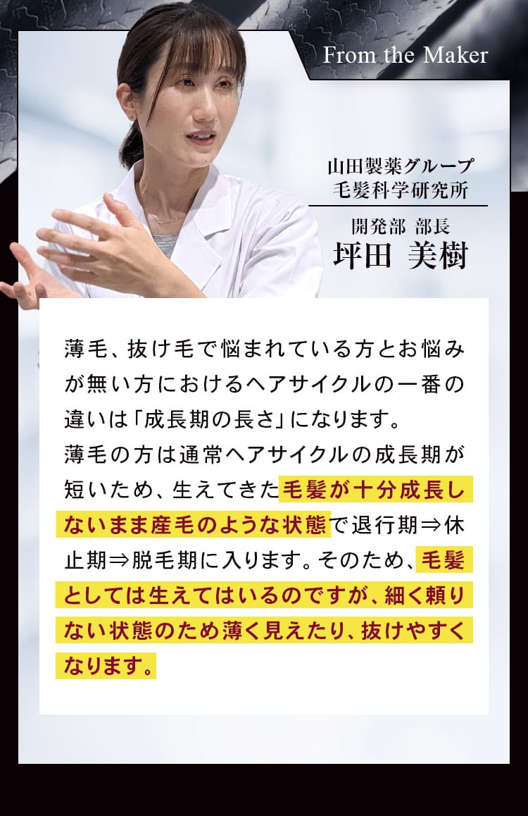 From the Maker山田製薬グループ毛髪科学研究所 開発部 部長 坪田 美樹 薄毛、抜け毛で悩まれている方とお悩みが無い方におけるヘアサイクルの一番の違いは「成長期の長さ」になります。薄毛の方は通常ヘアサイクルの成長期が短いため、生えてきた毛髪が十分成長しないまま産毛のような状態で退行期⇒休止期⇒脱毛期に入ります。そのため、毛髪としては生えてはいるのですが、細く頼りない状態のため薄く見えたり、抜けやすくなります。