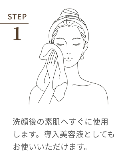 STEP 1 洗顔後の素肌へすぐに使用します。導入美容液としてもお使いいただけます。
