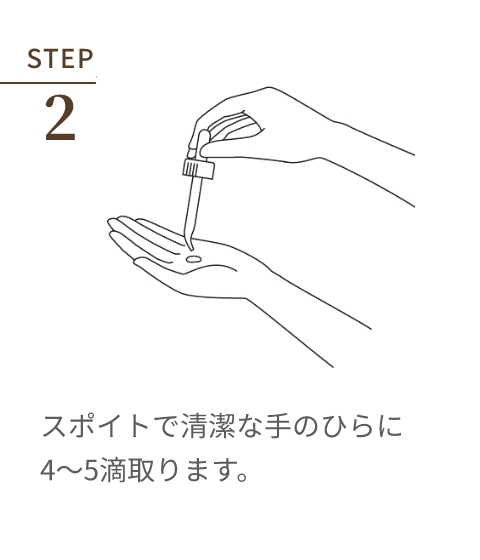 STEP 2 スポイトで清潔な手のひらに4～5滴取ります。