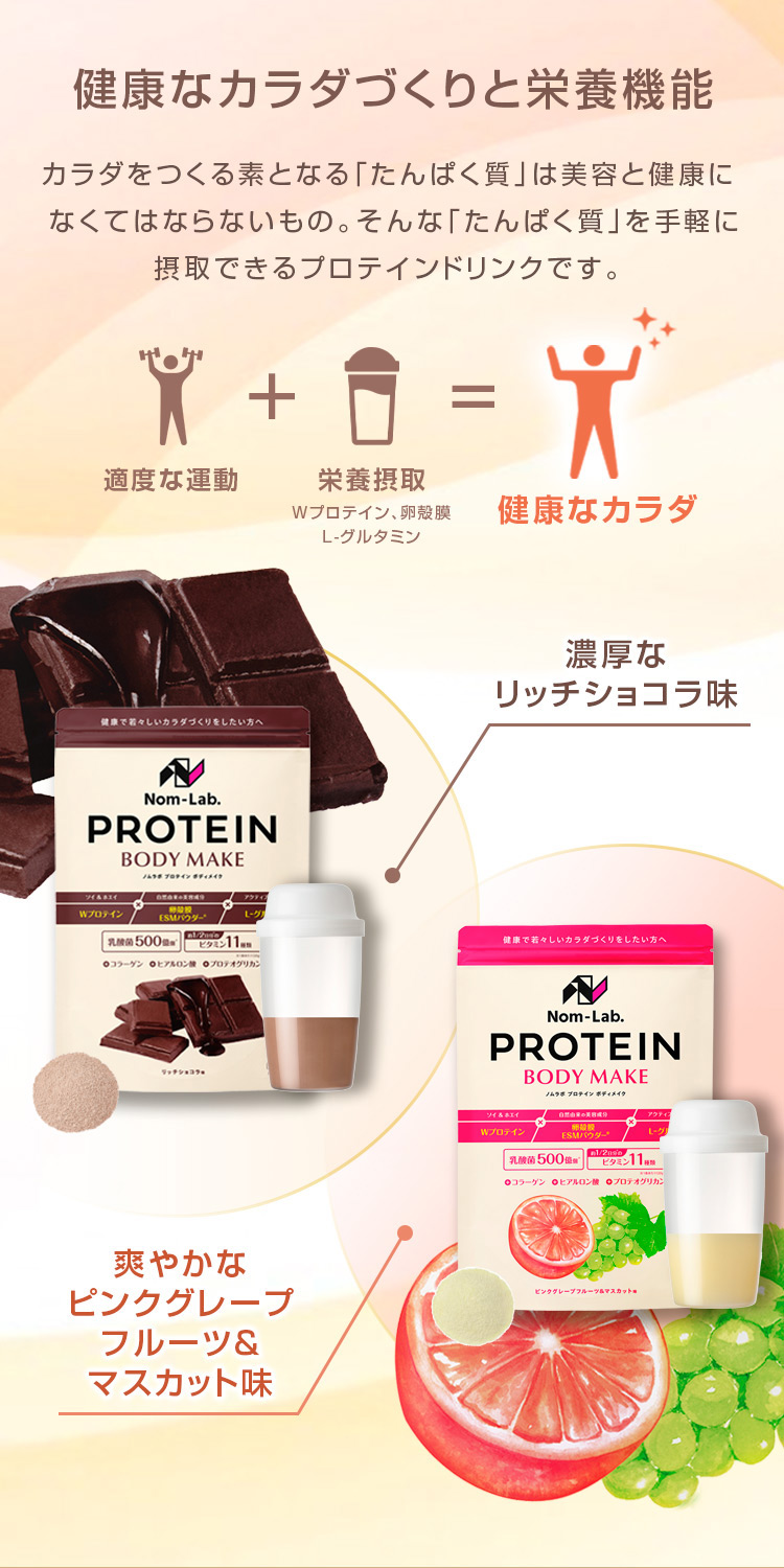 健康なカラダづくりと栄養機能 健康なカラダ 濃厚なリッチショコラ味 爽やかな ピンクグレープ フルーツ＆ マスカット味 